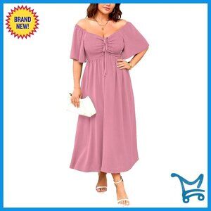 Plus Size Maxi Dress Short Sleeve Sweetheart Neckline Smocked A Line Flowy